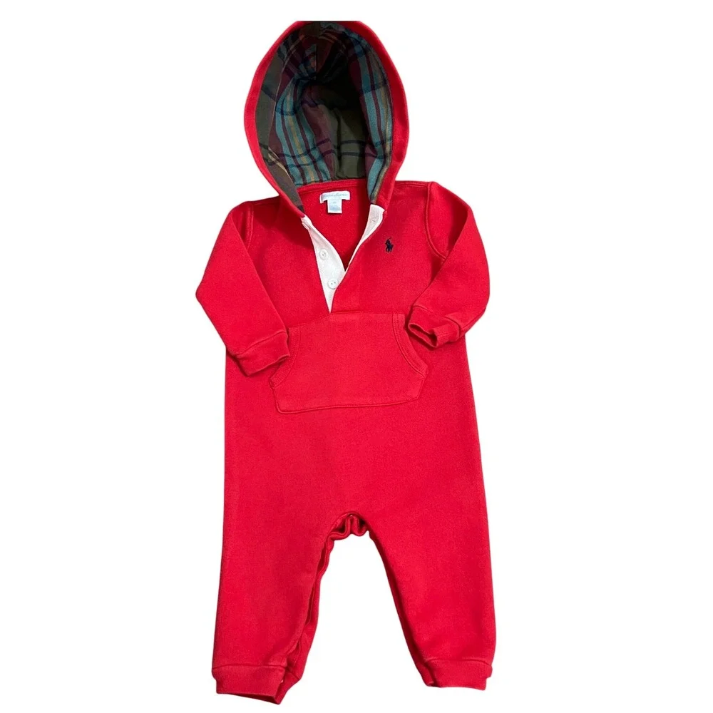 Ralph Lauren Baby Red Plaid Lined‎ Hoodie Romper Onesie 9M